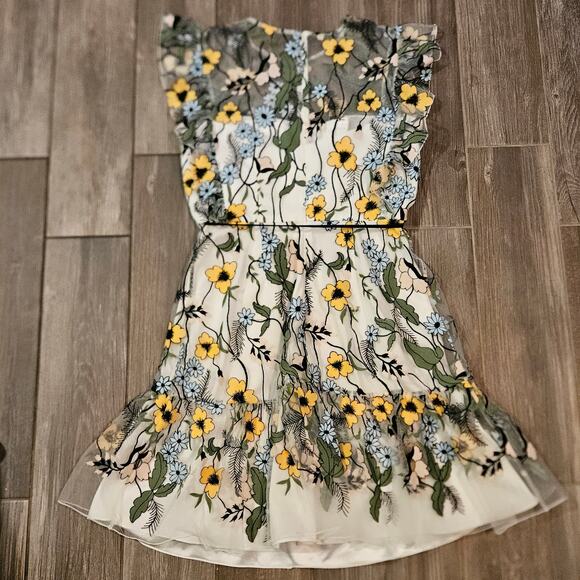 Monique Lhuillier Floral Daisy Embroidered Dress Womens 12 Sheer Overlay Ruffle - Picture 7 of 15